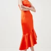Coupon 💯 Karen Millen Italian Structured Satin Asymmetric Hem Midaxi 👗 Dress 🧨 -OCCASION DRESSES Sale2023 bkk00114 red20orange xl