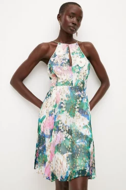 Outlet 🌟 Karen Millen Abstract Print Applique Detail Halter 👗 Dress 🔥