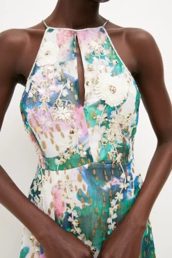 Outlet 🌟 Karen Millen Abstract Print Applique Detail Halter 👗 Dress 🔥 -OCCASION DRESSES Sale2023 bkk01192 ivory xl 2