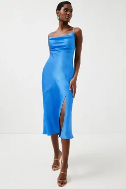 Best Sale 🛒 Karen Millen 🔨 Hammered Satin Cowl Neck Woven Slip 👗 Dress 😍
