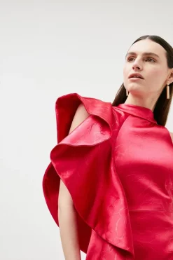 Flash Sale 🎁 Karen Millen Italian Structured Satin Embossed Ruffle Midi 👗 Dress 🥰 -OCCASION DRESSES Sale2023 bkk01525 raspberry xl 4