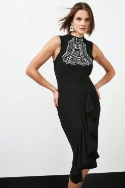 Hot Sale ๐ Karen Millen Embellished Ruffle Figure Form Crepe Midi ๐ Dress โจ