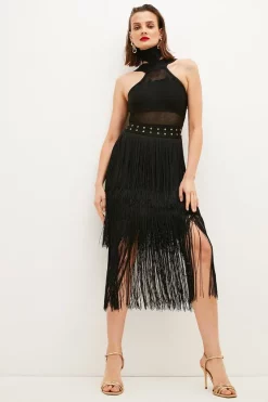 Coupon ๐ฅฐ Karen Millen Cut Out Halter Fringed Bandage Knit Midi ๐ Dress ๐