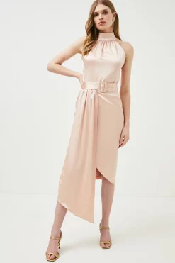 Outlet ✔️ Karen Millen Satin Halter Drape Woven Midi 👗 Dress 🤩
