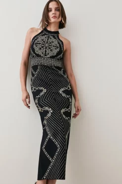 Flash Sale ⌛ Karen Millen All Over Baroque Hot Fix Halter Neck Neck Midaxi 👗 Dress 💯
