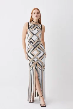Discount ๐ Karen Millen Sliced Hem Placement Stripe Knit Jacquard Maxi ๐ Dress ๐