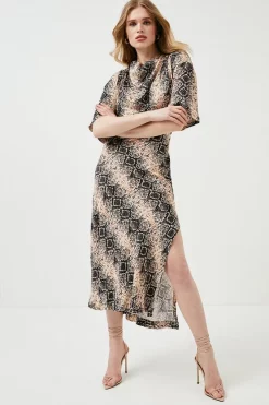 Flash Sale 🎉 Karen Millen Viscose Satin Snake Cowel Woven Midi 👗 Dress 🥰