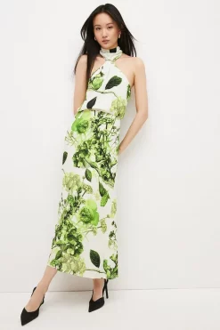 Flash Sale 🤩 Karen Millen Spring Green Botanical Bunches Woven Halter Midi Column 👗 Dress 💯