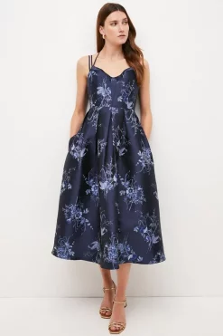 Buy ⌛ Karen Millen Floral Jacquard Strappy Woven Midi Prom 👗 Dress 😉