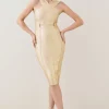 Deals 🌟 Karen Millen Foiled Bandage Knit Midi 👗 Dress 👍 -OCCASION DRESSES Sale2023 bkk03651 gold xl