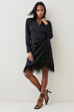 Best Sale ๐ Karen Millen Satin Back Crepe Feather Hem ๐ Shirt Mini ๐ Dress ๐