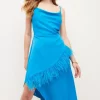 Outlet 💯 Karen Millen Viscose Satin Back Crepe Feather Cami Midi 👗 Dress 🧨