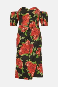 Coupon ⭐ Karen Millen Italian Signature Stretch Rose Print Bardot Midi 👗 Dress 💯 -OCCASION DRESSES Sale2023 bkk04534 black xl 3