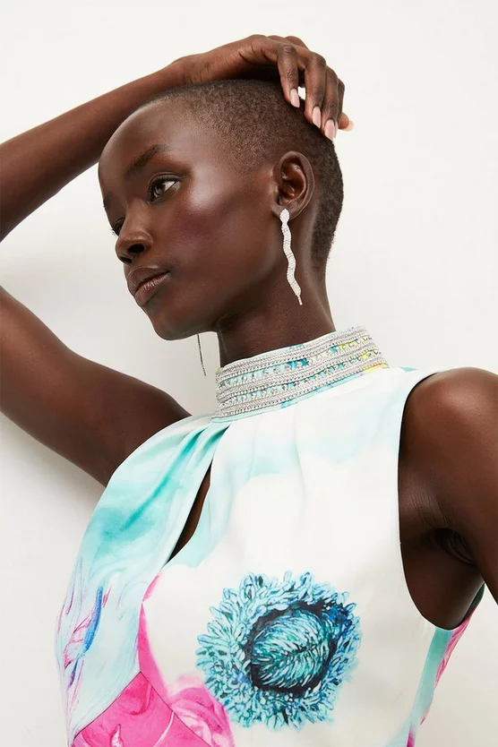 Deals 😀 Karen Millen Diamante Trim Floral Woven Mini 👗 Dress 👏 4 Deals 😀 Karen Millen Diamante Trim Floral Woven Mini 👗 Dress 👏 - Image 2