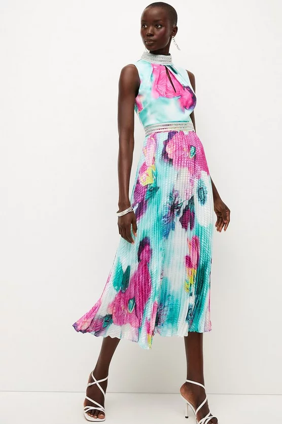 Brand new 🎁 Karen Millen Diamante Trim Floral Pleated 👗 Skirt Midi 👗 Dress ⭐ 4 Brand new 🎁 Karen Millen Diamante Trim Floral Pleated 👗 Skirt Midi 👗 Dress ⭐ - Image 2