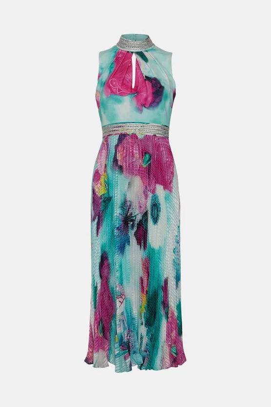 Brand new 🎁 Karen Millen Diamante Trim Floral Pleated 👗 Skirt Midi 👗 Dress ⭐ 6 Brand new 🎁 Karen Millen Diamante Trim Floral Pleated 👗 Skirt Midi 👗 Dress ⭐ - Image 4