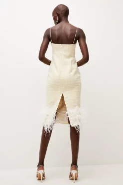 Deals 👍 Karen Millen Tweed Chain Strap Feather Hem Midi 👗 Dress 🔔 -OCCASION DRESSES Sale2023 bkk04868 lemon xl 2