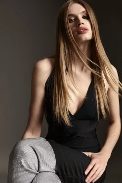 Best Sale 🧨 Karen Millen Bandage V Neck Knitted Mini 👗 Dress 🥰 -OCCASION DRESSES Sale2023 bkk05026 black xl 1