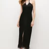 Cheapest 🎁 Karen Millen Satin Back Crepe Feather Halter Maxi 👗 Dress 💯