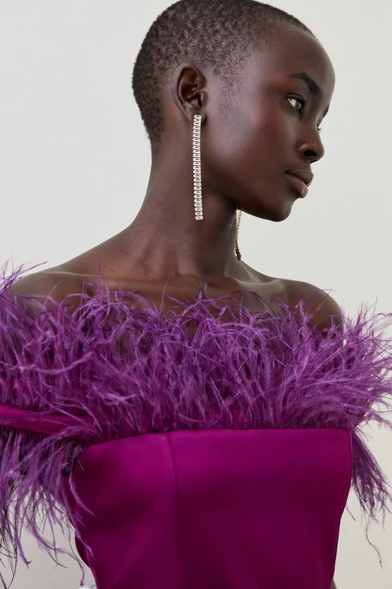 Deals ๐ Karen Millen Italian Structured Satin Feather Bardot Mini ๐ Dress ๐งจ 4 Deals ๐ Karen Millen Italian Structured Satin Feather Bardot Mini ๐ Dress ๐งจ - Image 2