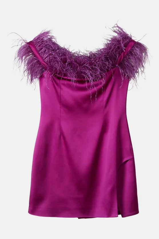 Deals ๐ Karen Millen Italian Structured Satin Feather Bardot Mini ๐ Dress ๐งจ 6 Deals ๐ Karen Millen Italian Structured Satin Feather Bardot Mini ๐ Dress ๐งจ - Image 4