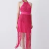 Discount 🧨 Karen Millen Fringed Ponte Detail Halter Neck Mini 👗 Dress 🤩 -OCCASION DRESSES Sale2023 bkk06583 fuchsia xl