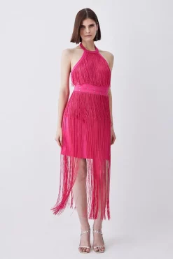 Discount 🧨 Karen Millen Fringed Ponte Detail Halter Neck Mini 👗 Dress 🤩