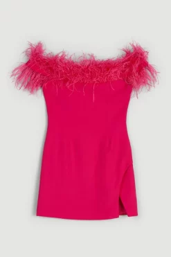 New 🧨 Karen Millen Compact Stretch Feather Bardot Mini 👗 Dress 👍 -OCCASION DRESSES Sale2023 bkk06749 pink xl 3