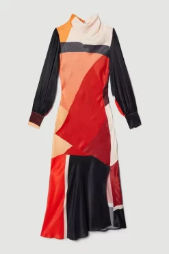Best Sale ⭐ Karen Millen Draped Stretch Satin Colour Block Midi 👗 Dress ❤️ -OCCASION DRESSES Sale2023 bkk07059 orange xl 3