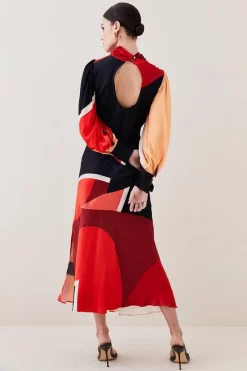 Best Sale ⭐ Karen Millen Draped Stretch Satin Colour Block Midi 👗 Dress ❤️ -OCCASION DRESSES Sale2023 bkk07059 orange xl 5