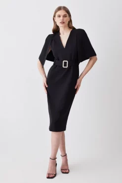 Hot Sale ⌛ Karen Millen Compact Stretch Viscose Cape Pencil Midi 👗 Dress 🥰