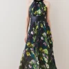 Discount 😀 Karen Millen Floral Pleated Pu Halter Woven Maxi 👗 Dress 🌟 -OCCASION DRESSES Sale2023 bkk07116 floral xl