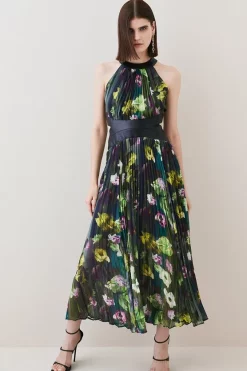 Discount 😀 Karen Millen Floral Pleated Pu Halter Woven Maxi 👗 Dress 🌟