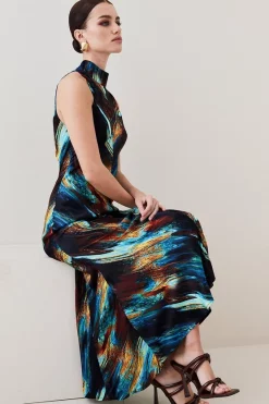 New 👏 Karen Millen Petite Marble Viscose Satin High Neck Maxi 👗 Dress 🔥 -OCCASION DRESSES Sale2023 bkk07141 multi xl 2