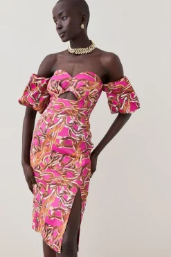 Best Sale ⭐ Karen Millen Italian Signature Stretch Chain Bardot Pencil Midi 👗 Dress 👏