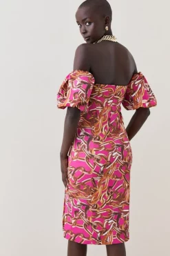 Best Sale ⭐ Karen Millen Italian Signature Stretch Chain Bardot Pencil Midi 👗 Dress 👏 -OCCASION DRESSES Sale2023 bkk07145 pink xl 2