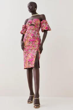 Best Sale ⭐ Karen Millen Italian Signature Stretch Chain Bardot Pencil Midi 👗 Dress 👏 -OCCASION DRESSES Sale2023 bkk07145 pink xl 4