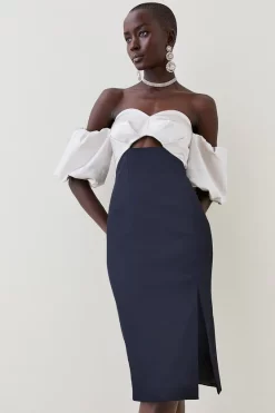 Best Pirce 🔥 Karen Millen Italian Structured Satin Bardot Pencil Midi 👗 Dress 💯