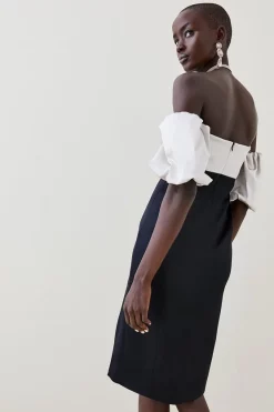 Best Pirce 🔥 Karen Millen Italian Structured Satin Bardot Pencil Midi 👗 Dress 💯 -OCCASION DRESSES Sale2023 bkk07150 mono xl 2