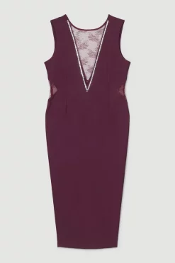 Promo 🌟 Karen Millen Plus Size Lace Front Diamante Jersey Midi 👗 Dress 👍 -OCCASION DRESSES Sale2023 bkk07316 burgundy xl 3