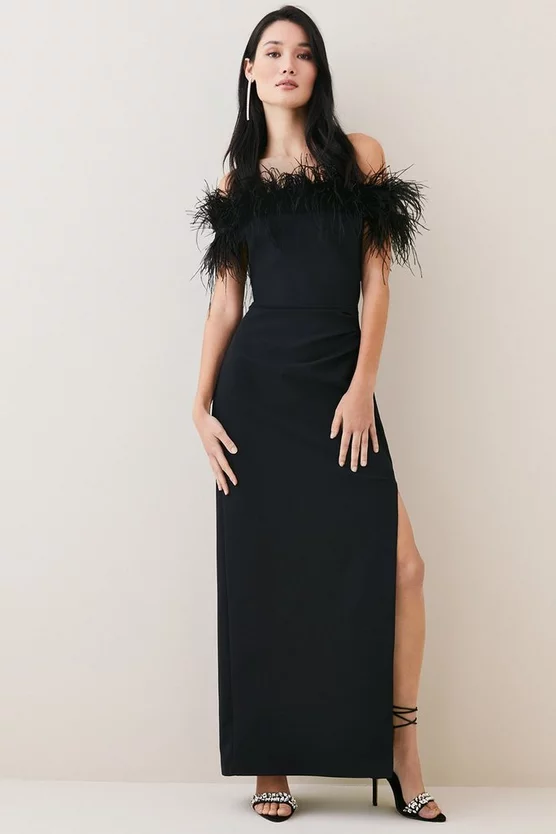 Cheap โ Karen Millen Feather Bardot Stretch Crepe Maxi ๐ Dress ๐ 3 Cheap โ Karen Millen Feather Bardot Stretch Crepe Maxi ๐ Dress ๐