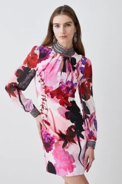 Cheapest 🔔 Karen Millen Diamante Trim Floral Woven Mini 👗 Dress 🥰