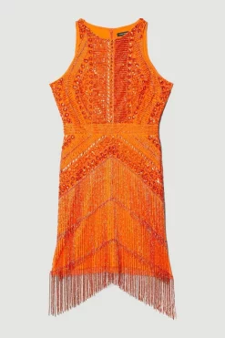 Outlet 🌟 Karen Millen Embellished Halter Fringed Mini 👗 Dress 👏 -OCCASION DRESSES Sale2023 bkk07528 orange xl 3