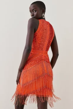 Discount 👏 Karen Millen Tall Embellished Halter Fringed Mini 👗 Dress 🌟 -OCCASION DRESSES Sale2023 bkk07529 orange xl 2