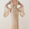 Best Pirce 🎁 Karen Millen Embellished Kimono Sleeve Beaded Maxi 👗 Dress ⭐ -OCCASION DRESSES Sale2023 bkk07532 gold xl