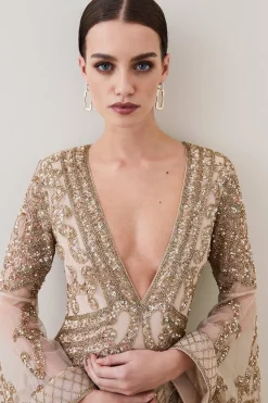 Flash Sale ⌛ Karen Millen Petite Embellished Kimono Sleeve Beaded Maxi 👗 Dress 👍 -OCCASION DRESSES Sale2023 bkk07533 gold xl 2