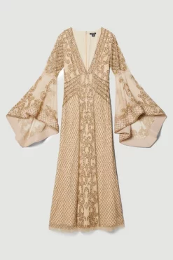 Flash Sale ⌛ Karen Millen Petite Embellished Kimono Sleeve Beaded Maxi 👗 Dress 👍 -OCCASION DRESSES Sale2023 bkk07533 gold xl 3