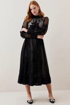Best Sale 💯 Karen Millen Lydia Millen Tall Floral Applique Mesh Woven Midi 👗 Dress 👏