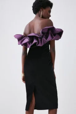 Outlet ⭐ Karen Millen Jacquard Contrast Ruffle Bardot Midi 👗 Dress 👍 -OCCASION DRESSES Sale2023 bkk07623 black xl 4