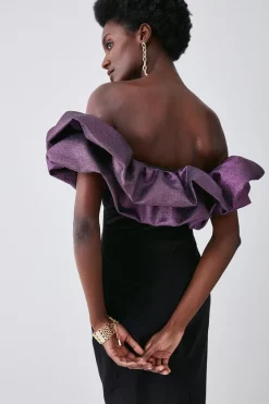 Outlet ⭐ Karen Millen Jacquard Contrast Ruffle Bardot Midi 👗 Dress 👍 -OCCASION DRESSES Sale2023 bkk07623 black xl 5